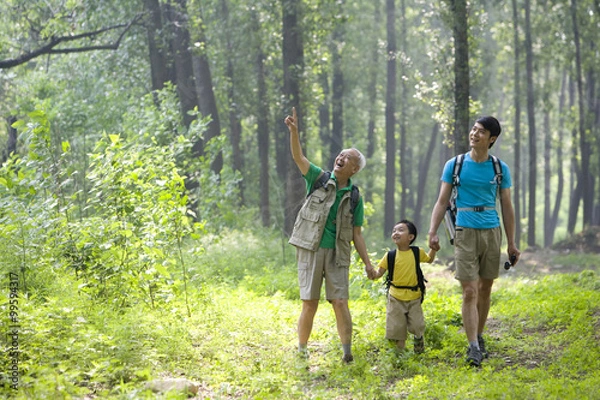 Obraz Boy hiking with his father and grandfather