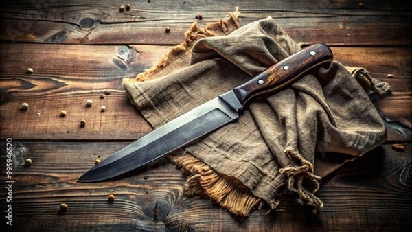 Obraz A menacing knife sits on a worn table, its blade angled for death, surrounded by torn fabric scraps and a sense of violence.
