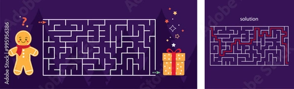 Fototapeta Vector colorful Christmas maze for children. Mini-game labyrinth. Puzzle game. Gingerbread man. With a solution.