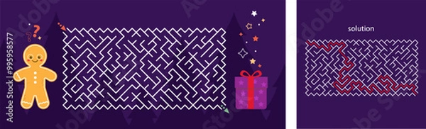 Fototapeta Vector colorful Christmas maze for children. Mini-game labyrinth. Puzzle game. Gingerbread man. With a solution.