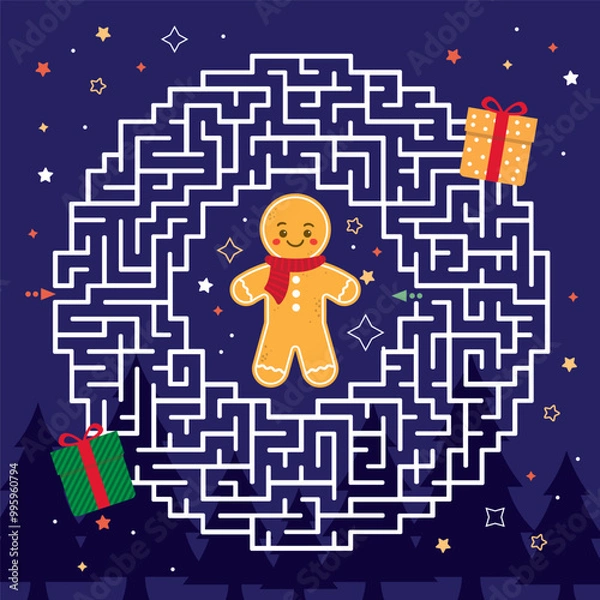 Fototapeta Vector colorful Christmas maze for children. Mini-game labyrinth. Puzzle game. Gingerbread man. With a solution.