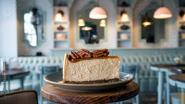 Fototapeta A delectable slice of classic New York-style cheesecake served on a plate with a soft, inviting cafe background, perfect for food blogs, menus, or culinary marketing visuals. 