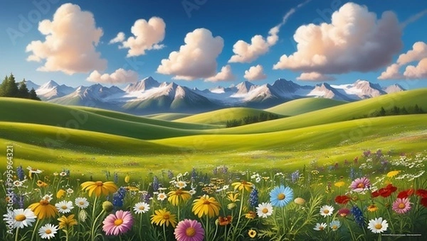 Fototapeta A beautiful meadow covered in a blanket of wildflowers, with mountains in the distance and fluffy white clouds drifting across the sky