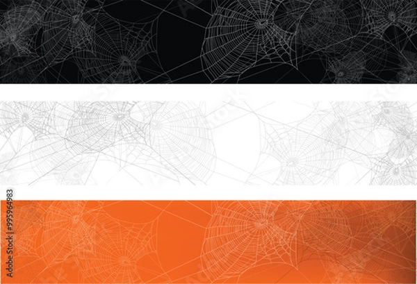 Fototapeta detailed spider web silhouette against black, white and orange wall - halloween theme dark realistic copy space vector banners set with empty trap outlines