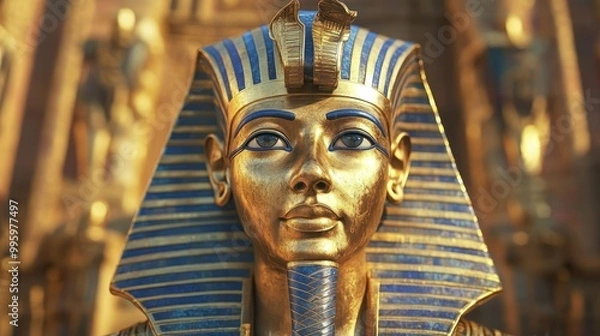 Fototapeta Close-up of a Golden Egyptian Pharaoh Bust with Blue and Gold Accents