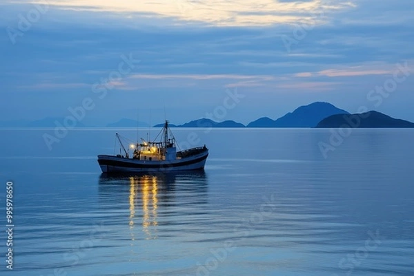 Fototapeta A boat is floating on the ocean with a beautiful blue sky in the background