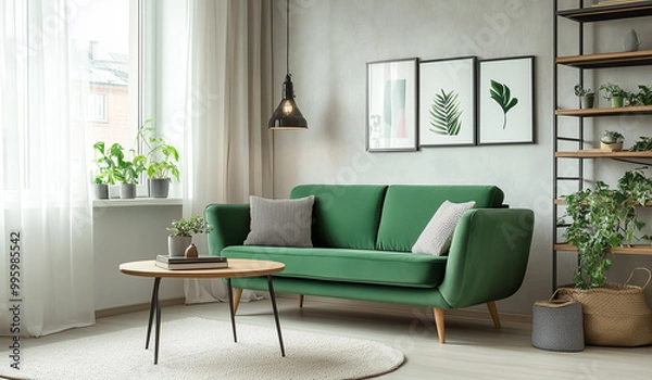 Fototapeta A green sofa in the living room, placed on an off-white carpet with wooden legs and metal shelves behind it. The walls have light-colored wood paneling, creating a bright atmosphere