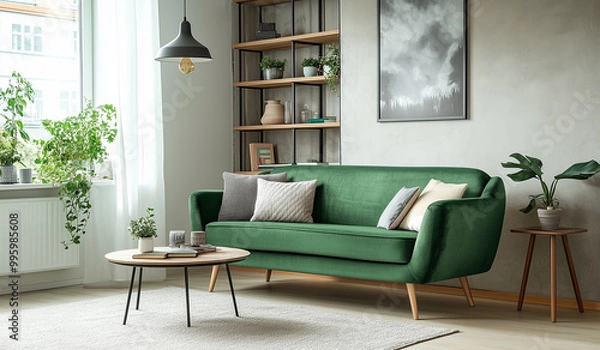 Fototapeta A green sofa in the living room, placed on an off-white carpet with wooden legs and metal shelves behind it. The walls have light-colored wood paneling, creating a bright atmosphere