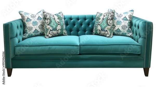 Fototapeta A teal velvet sofa with tufted back and two patterned pillows.