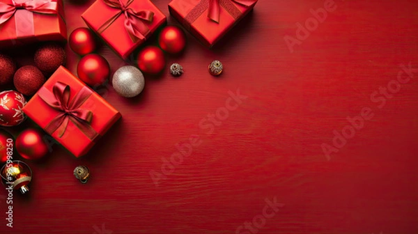 Obraz Top view of gifts, bows and Christmas decorations on a vivid red wooden background
