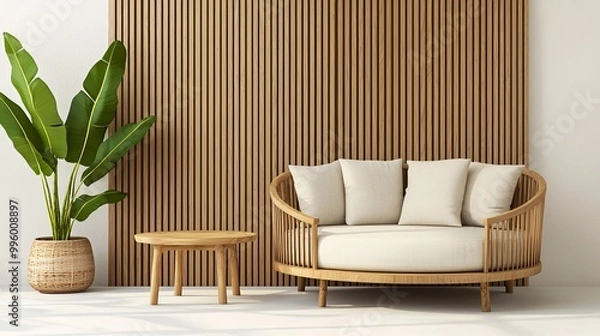 Fototapeta Modern living room featuring a round wooden sofa with neutral cushions, a potted indoor plant, and a minimalist wooden accent wall, creating a cozy and natural atmosphere.