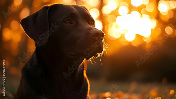 Fototapeta A Chocolate Labrador Retriever Gazes into the Golden Sunset, Its Dark Fur Silhouetted Against the Blurred Background of Warm Light