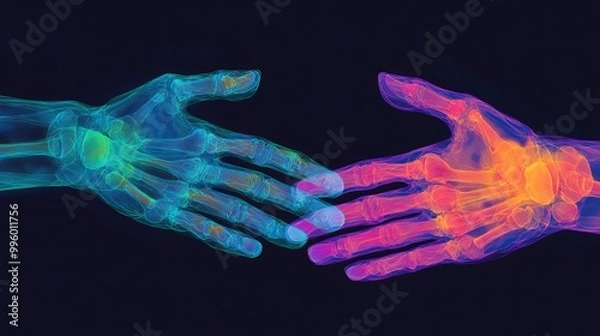 Fototapeta Colorful hands reaching out to each other against a dark background