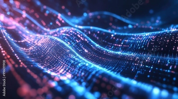 Fototapeta Futuristic data streams in a glowing abstract tech design, representing ultra-fast broadband and cyber connectivity.