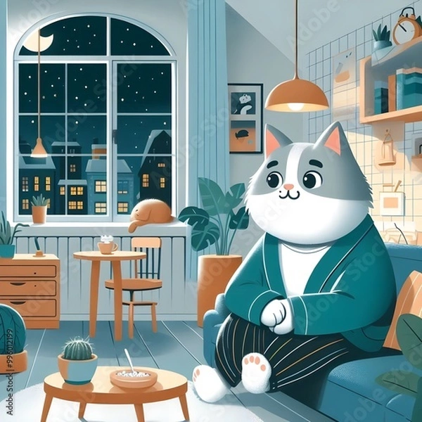 Fototapeta anthropomorphic cat sitting at home under a blanket, cat after work, cat illustration
