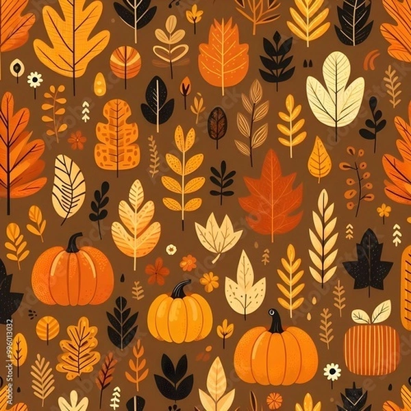 Fototapeta autumn background, autumn leaves, pumpkins on a plain background illustration