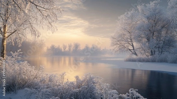 Fototapeta A peaceful frozen lake framed by frosted trees, with the soft light of dawn just beginning to illuminate the snow-covered landscape.