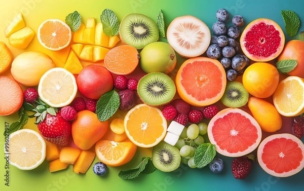 Obraz Colorful assortment of fresh fruits, top view