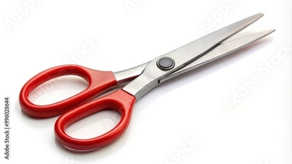 Fototapeta Red scissors lying open on a white surface, sharp blades reflecting light
