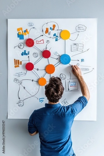 Obraz A person engages in brainstorming and planning with colorful charts and diagrams on a wall, showcasing creativity and teamwork in an office environment.