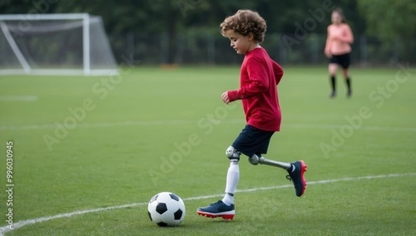 Fototapeta Young boy with prosthetic legs participates in a soccer match, demonstrating courage and ability while playing with friends