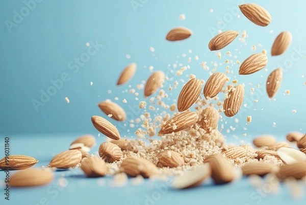 Fototapeta Almonds falling into a pile. Perfect for food, health, and diet content.