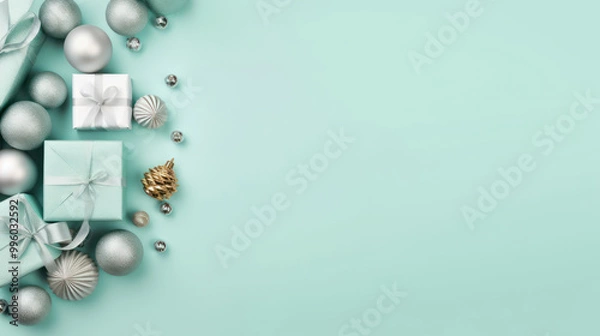 Fototapeta Top view of gifts, bows and Christmas decorations on a light cyan background