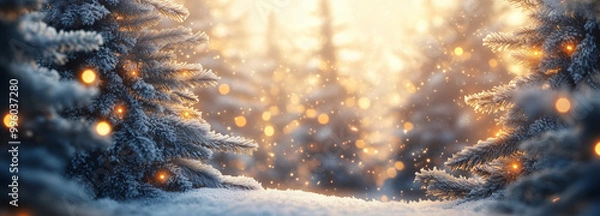 Fototapeta Enchanting winter scene featuring snow-covered trees and soft glowing lights, creating a magical and peaceful forest atmosphere in the snow