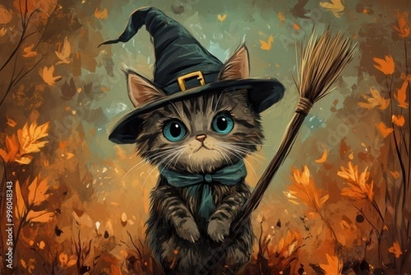 Fototapeta halloween cat illustration, halloween banner with a spooky cat doodle wearing a witch hat and holding a broomstick as a character design
