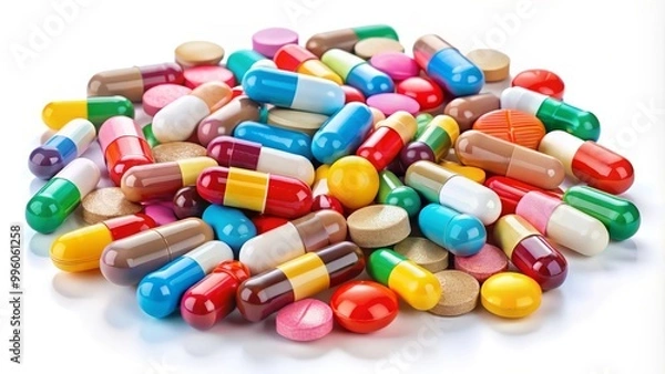 Fototapeta Macro shot of colorful pills and capsules lying on a white background