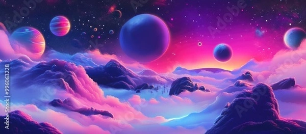Fototapeta Surreal space landscape with imaginative elements and vibrant colors