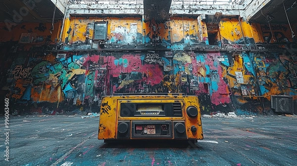 Fototapeta Boombox and classic music cassette player against a dark background. Retro hip-hop culture. Colorful graffiti wall with urban street art. Concept with a vintage boom box in front of a colorful wall