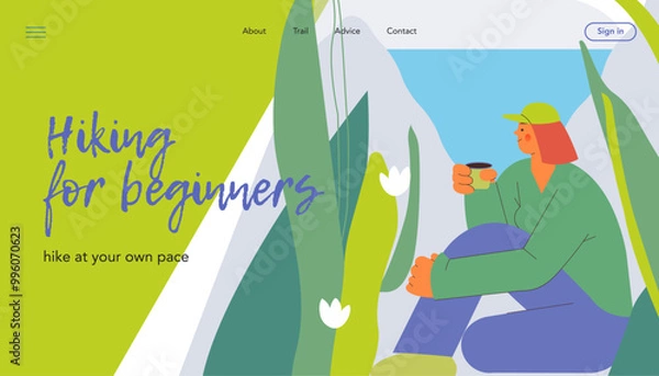 Fototapeta Cheerful female calmly sit and enjoy her cup of drink on nature background. Taking a break from hiking. Hiking outdoor adventure, tourist, trekking and backpacking. Vector illustration. Website banner
