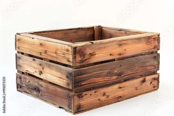 Fototapeta Old wooden crate is standing on a white background, its rustic charm evident in the weathered wood and sturdy construction