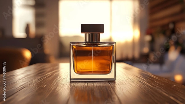 Fototapeta Elegant square perfume bottle with warm amber liquid, beautifully illuminated by soft sunlight, creating luxurious atmosphere in modern setting