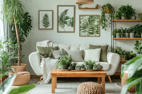Fototapeta A cozy living room with plants, a wooden coffee table, and a white sofa. The wall is adorned with framed botanical prints of leaves in green tones, adding life to the space.