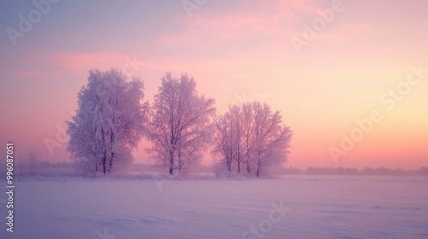 Fototapeta A serene view of a snow-covered field at sunrise, with frosted trees silhouetted against the soft colors of the morning sky.