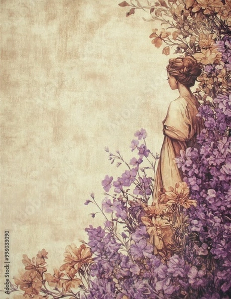 Fototapeta Vintage illustration of a woman in a purple dress surrounded by flowers
