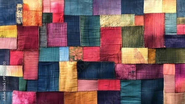 Obraz Colorful patchwork textile with vibrant hues and various fabric squares