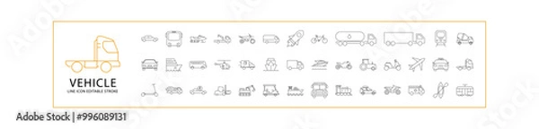 Fototapeta Vehicle Icon Set. Vehicle Line Icons. Containing  transport, car, bus, truck, van, taxi, collection, bike, scooter, outline, forklift, etc. Vector Illustration. Editable Stroke.