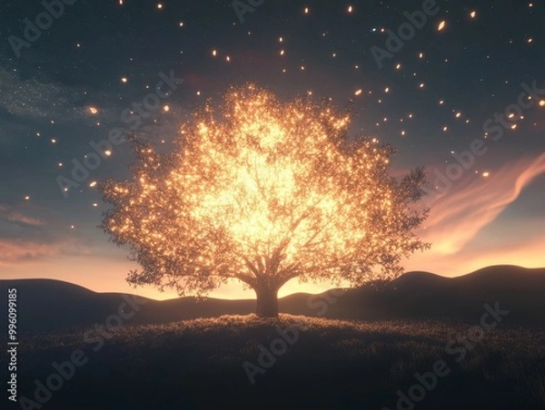 Obraz A luminous tree glows brightly against a twilight backdrop, surrounded by twinkling stars, creating a magical and enchanting atmosphere.
