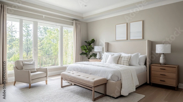 Fototapeta A serene bedroom featuring cozy bed, stylish decor, and large windows that invite natural light. neutral tones and greenery create calming atmosphere perfect for relaxation