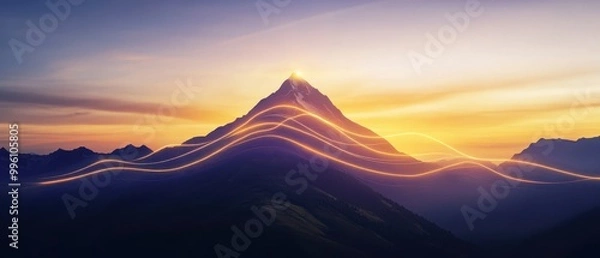 Fototapeta A stunning mountain silhouette illuminated by a colorful sunset, featuring flowing light trails that enhance its majestic presence.