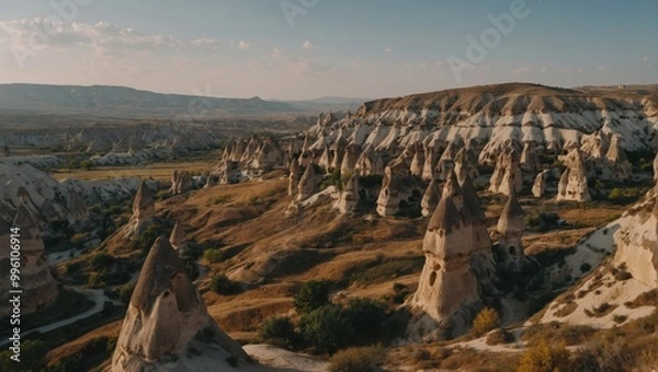 Fototapeta Cappadocia’s sunrise charm with colorful balloons adding a stunning view over the rugged terrain
