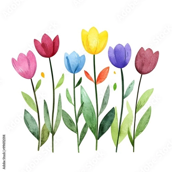 Fototapeta Different different Cute spring flowers, clipart, watercolor illustration, simple clean line art, white background, colorful,