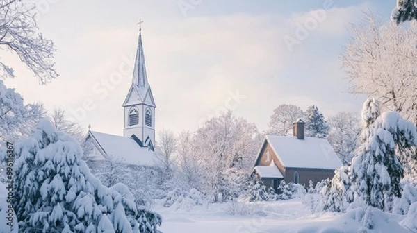 Fototapeta A snow-covered church steeple rising into the pale winter sky, with trees and buildings blanketed in fresh snow below.