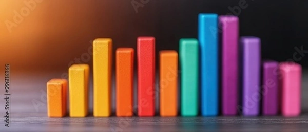 Fototapeta Colorful bar graph representing data growth on a dark wooden surface.