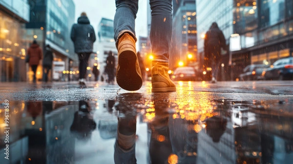Fototapeta Walking down busy street, person in jeans and yellow shoes creates striking reflection on wet pavement, surrounded by bustling urban environment