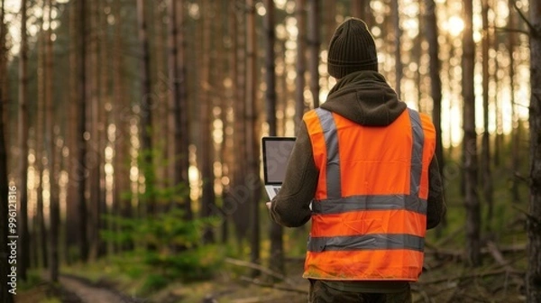 Fototapeta A worker wearing a high visibility vest holding a laptop, in a forest background