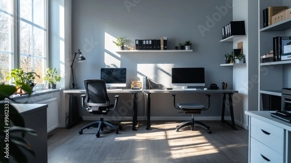 Fototapeta A bright, modern office with two desks, computers, and shelves. The minimalist design features a gray wall and sunlight streaming in. It's a perfect example of a business workspace.